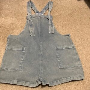 Women's Light Blue Denim Short Overalls with Patch Pockets